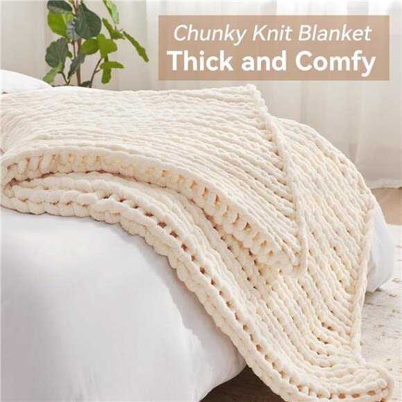 Chunky Knit Throw Blanket Cream Chenille Yarn Handmade Knitted Couch Bed Blanket - Picture 4 of 8